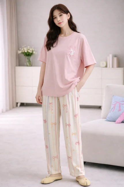 Blush Bow Stripe Lounge Set – Cute Printed Lycra Night Suit for Women
