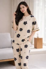 Beige Floral Luxe Lounge Set – Elegant Printed Lycra Night Suit for Women - Image 3