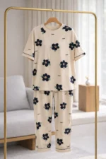 Beige Floral Luxe Lounge Set – Elegant Printed Lycra Night Suit for Women - Image 2