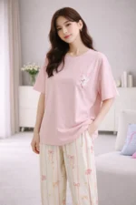 Blush Bow Stripe Lounge Set – Cute Printed Lycra Night Suit for Women - Image 3