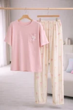 Blush Bow Stripe Lounge Set – Cute Printed Lycra Night Suit for Women - Image 5