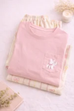 Blush Bow Stripe Lounge Set – Cute Printed Lycra Night Suit for Women - Image 4