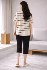 Beige Stripe Capri Lounge Set – Casual Comfort Lycra Night Suit for Women - Image 3