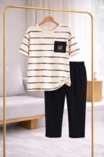 Beige Stripe Capri Lounge Set – Casual Comfort Lycra Night Suit for Women - Image 5