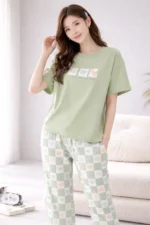 Sage Green Comfort Set – Soft Printed Lycra Lounge Night Suit for Women - Image 3