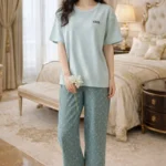 Sage Floral Lounge Set – Premium Lycra Relaxed Night Suit for Women
