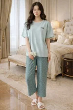Sage Floral Lounge Set – Premium Lycra Relaxed Night Suit for Women