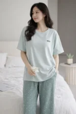 Sage Floral Lounge Set – Premium Lycra Relaxed Night Suit for Women - Image 4