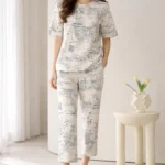 Classic Toile Printed Lounge Set – Premium Lycra Capri Night Suit for Women