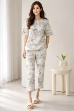 Classic Toile Printed Lounge Set – Premium Lycra Capri Night Suit for Women