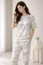 Classic Toile Printed Lounge Set – Premium Lycra Capri Night Suit for Women - Image 2
