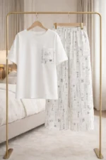 White Script Lounge Set – Premium Lycra Relaxed Night Suit for Women - Image 4