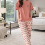 Coral Apple Lounge Set – Soft Lycra Capri Night Suit for Women