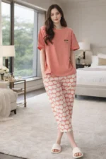 Coral Apple Lounge Set – Soft Lycra Capri Night Suit for Women