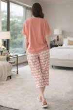 Coral Apple Lounge Set – Soft Lycra Capri Night Suit for Women - Image 4