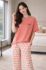 Coral Apple Lounge Set – Soft Lycra Capri Night Suit for Women - Image 5