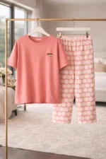 Coral Apple Lounge Set – Soft Lycra Capri Night Suit for Women - Image 3