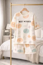 Pastel Printed Lycra Night Suit Set – Relaxed Fit Lounge Co-Ord (Cream Multicolor) - Image 3