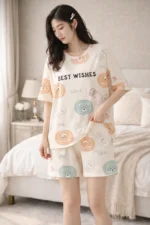 Pastel Printed Lycra Night Suit Set – Relaxed Fit Lounge Co-Ord (Cream Multicolor)