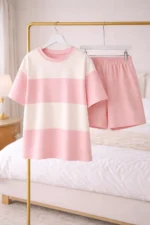 Pink Stripe Lycra Night Suit Set – Soft Premium Summer Lounge Co-Ord Shorts Set for Women - Image 4
