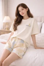 Pastel Comfort Lycra Night Suit Set – Soft Printed Summer Lounge Co-Ord Shorts Set for Women - Image 3