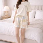 Pastel Comfort Lycra Night Suit Set – Soft Printed Summer Lounge Co-Ord Shorts Set for Women