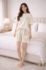 Pastel Comfort Lycra Night Suit Set – Soft Printed Summer Lounge Co-Ord Shorts Set for Women