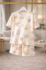 Pastel Bunny Print Lycra Night Suit Set – Premium Stretch Summer Co-Ord - Image 4