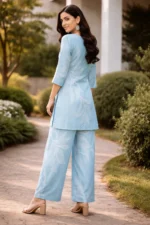 Sky Blue Printed Co-ord Set for Women – Cotton Kurta & Palazzo Set - Image 4