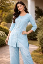 Sky Blue Printed Co-ord Set for Women – Cotton Kurta & Palazzo Set - Image 7