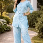 Sky Blue Printed Co-ord Set for Women – Cotton Kurta & Palazzo Set