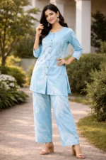 Sky Blue Printed Co-ord Set for Women – Cotton Kurta & Palazzo Set