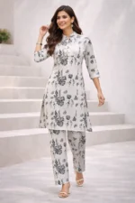 White and Black Printed Kurta Set for Women – Straight Kurta with Pants - Image 3
