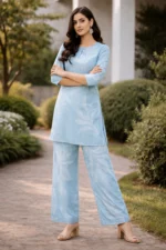Sky Blue Printed Co-ord Set for Women – Cotton Kurta & Palazzo Set - Image 6