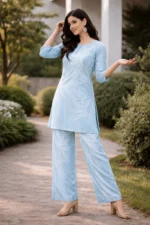 Sky Blue Printed Co-ord Set for Women – Cotton Kurta & Palazzo Set - Image 2