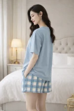 Butterfly Print Co-ord Night Set – Trendy Oversized T-Shirt & Check Shorts for Women - Image 3