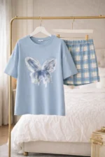 Butterfly Print Co-ord Night Set – Trendy Oversized T-Shirt & Check Shorts for Women - Image 7