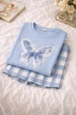 Butterfly Print Co-ord Night Set – Trendy Oversized T-Shirt & Check Shorts for Women - Image 6