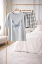 Butterfly Print Co-ord Night Set – Trendy Oversized T-Shirt & Check Shorts for Women - Image 18