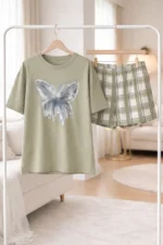Butterfly Print Co-ord Night Set – Trendy Oversized T-Shirt & Check Shorts for Women - Image 20