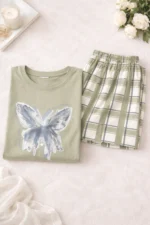 Butterfly Print Co-ord Night Set – Trendy Oversized T-Shirt & Check Shorts for Women - Image 22