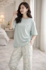 Dusty Mint Abstract Lounge Set – Premium Lycra Relaxed Night Suit for Women - Image 4