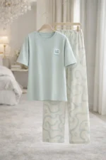 Dusty Mint Abstract Lounge Set – Premium Lycra Relaxed Night Suit for Women - Image 5
