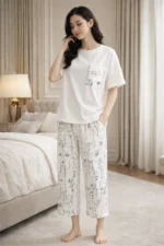 White Script Lounge Set – Premium Lycra Relaxed Night Suit for Women - Image 3