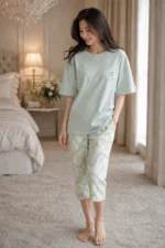 Dusty Mint Abstract Lounge Set – Premium Lycra Relaxed Night Suit for Women - Image 2