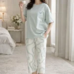 Dusty Mint Abstract Lounge Set – Premium Lycra Relaxed Night Suit for Women
