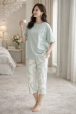 Dusty Mint Abstract Lounge Set – Premium Lycra Relaxed Night Suit for Women