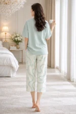 Dusty Mint Abstract Lounge Set – Premium Lycra Relaxed Night Suit for Women - Image 3