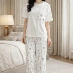 White Script Lounge Set – Premium Lycra Relaxed Night Suit for Women