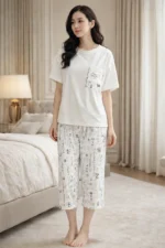 White Script Lounge Set – Premium Lycra Relaxed Night Suit for Women